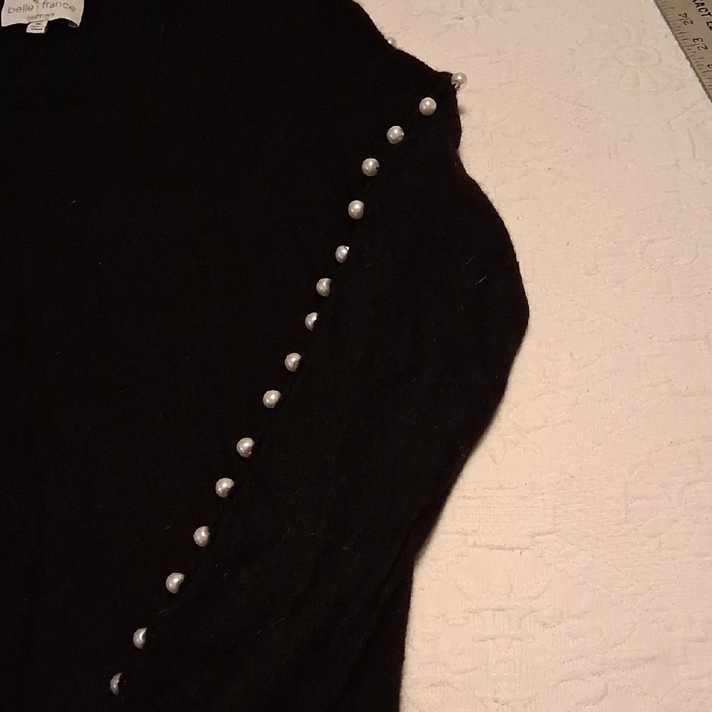 Luxe Belle France Black Cashmere Crew Neck Sweater With Pearl Sleeve Accents - Picture 5 of 11